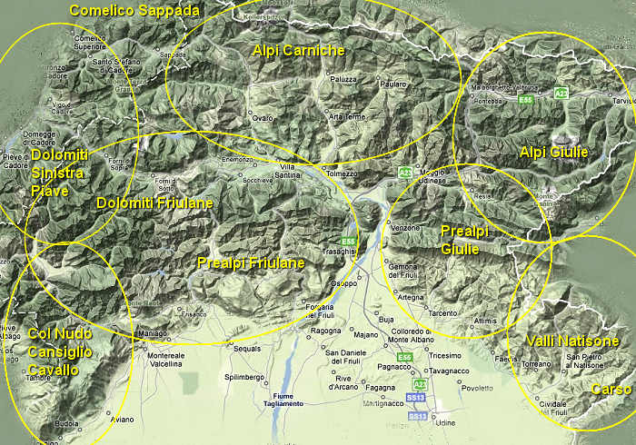 mappa gruppi montuosi Carnia, Friuli, Venezia Giulia