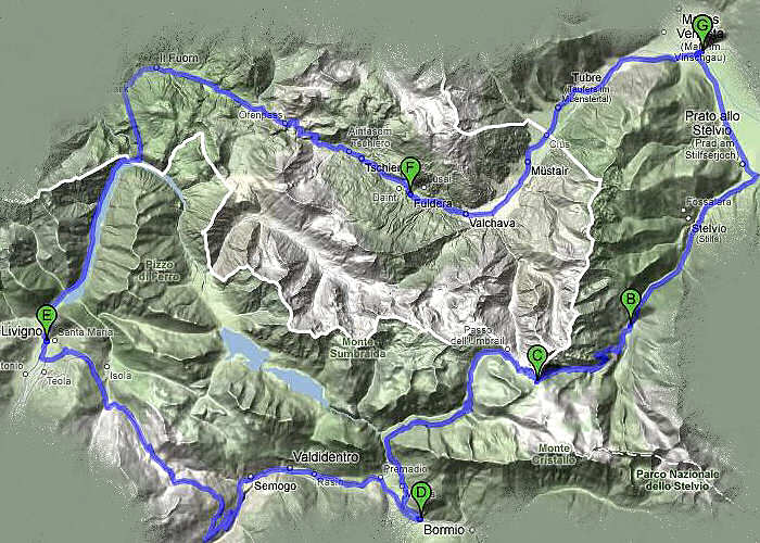 mappa percorso cicloturistico al passo Stelvio, Foscagno, Fuorn