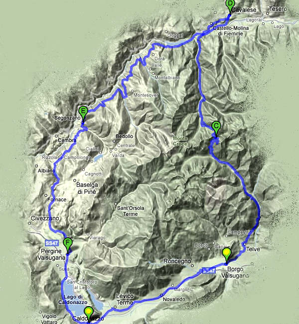 mappa percorso cicloturistico Valsugana, passo Manghen, val Cembra
