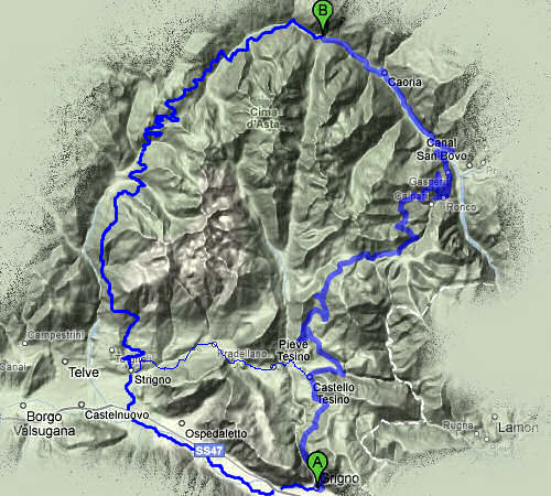 mappa percorso cicloturistico Strigno, Broccon, Refavaie, Cinque Croci