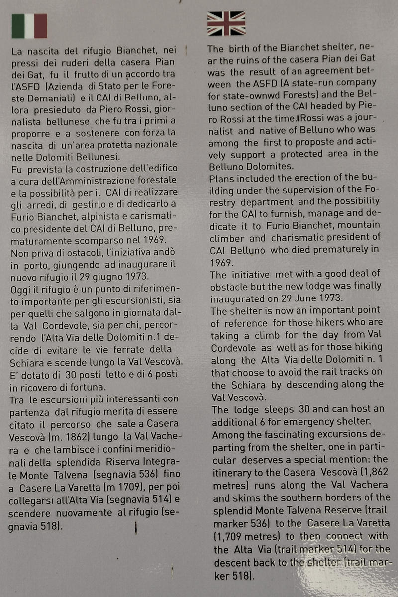 rifugio Furio Bianchet al Pian dei Gat, Schiara Val Vescovà