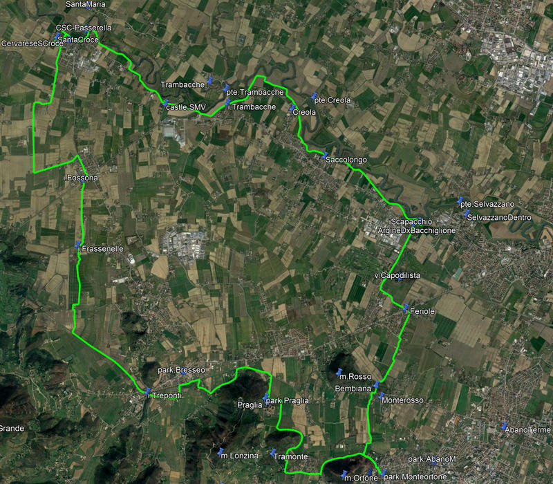 giro cicloturistico settore nord dei Colli Euganei da Abano al Castello di San Martino dela Vaneza a Cervarese Santa Croce lungo il Bacchiglione